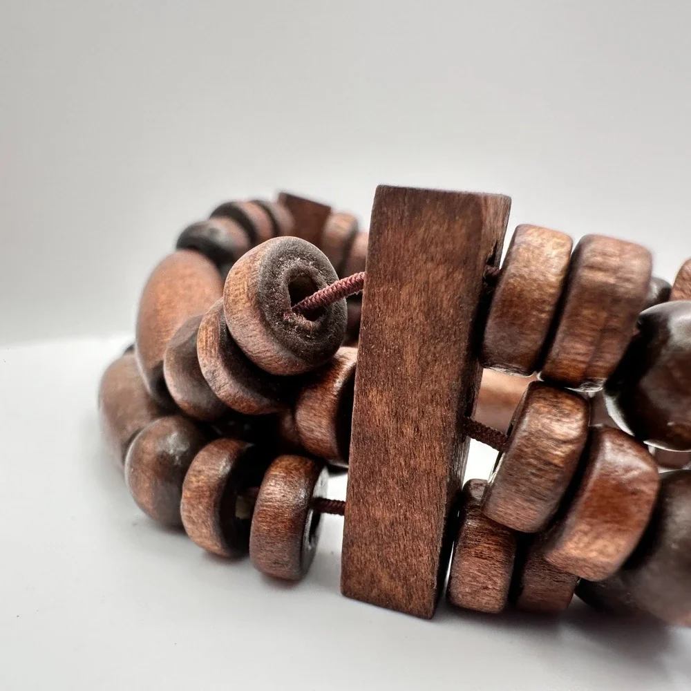 Vintage 90s Brown Three Row Wood Bead Stretch Cord Bracelet Jewelry Statement